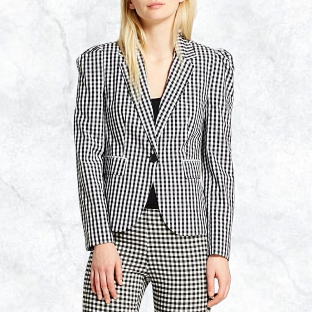 Who What Wear Plaid Black & White Puff Shoulder Blazer Jacket NWT